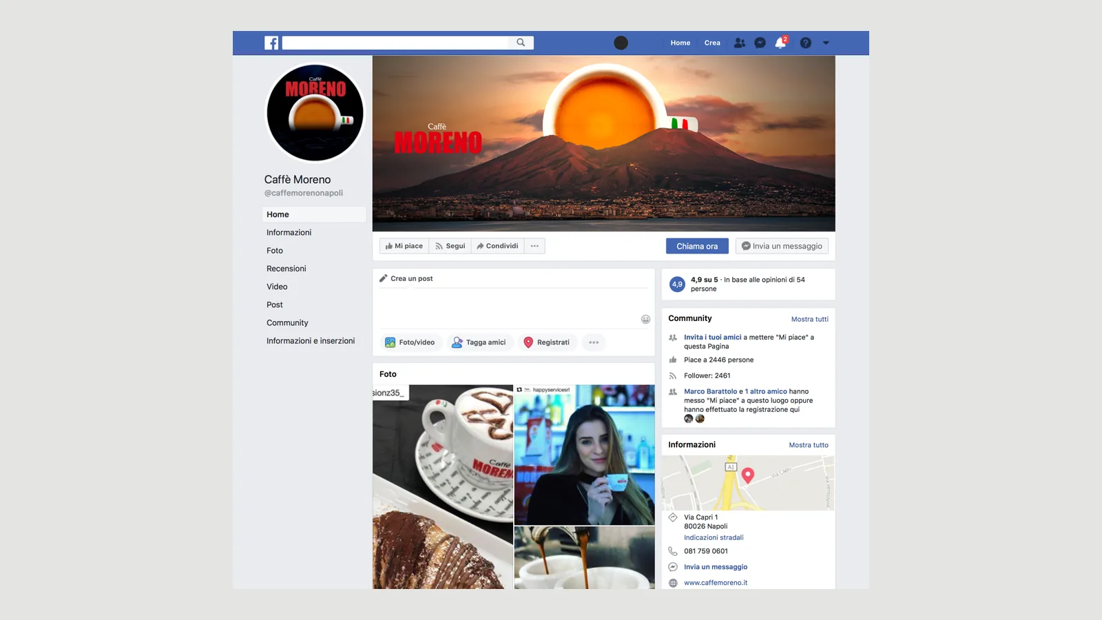 La pagina Facebook con il Vesuvio al tramonto