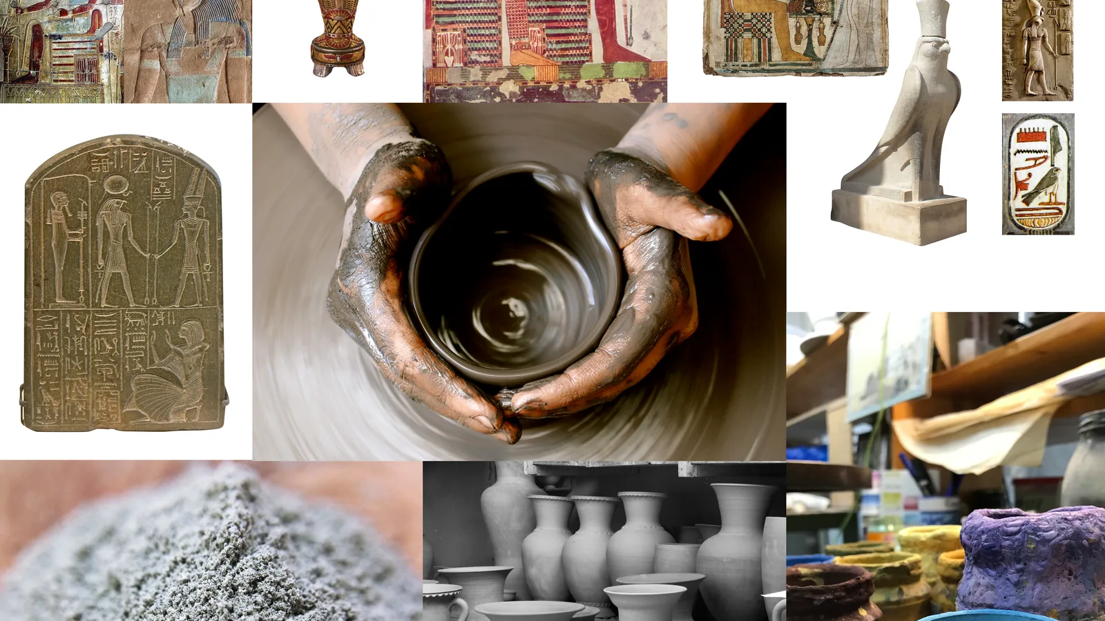 Moodboard, rilievi egizi, argilla e vasi